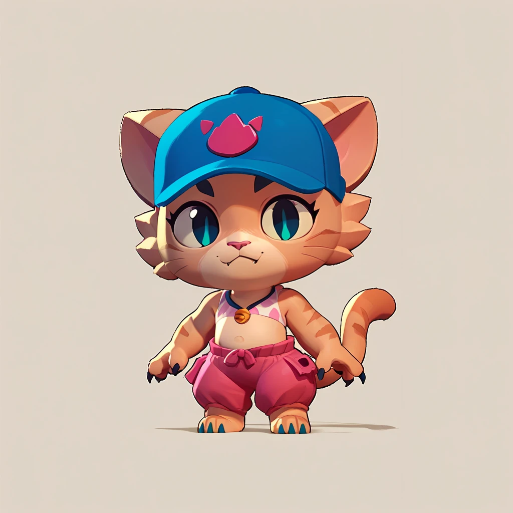 full body view of a cat with baby claws, wearing a blue cap, a pink dress on the beach