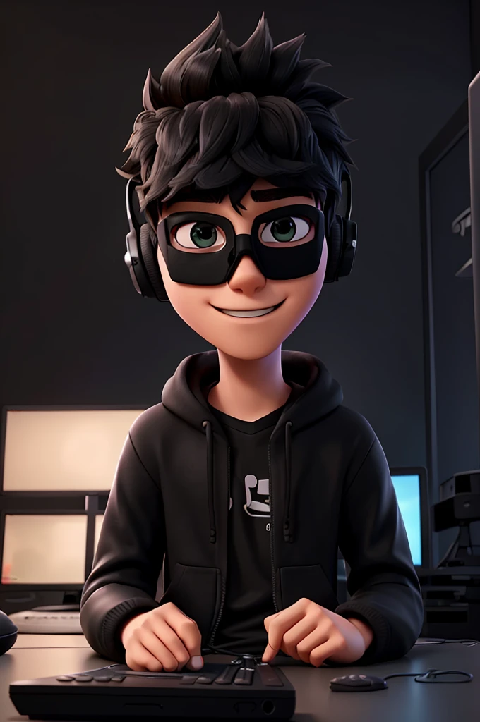Creates an 18 year old young man with gaming headphones in an all black room with gaming LED and he is playing on the PC recording a video on YouTube with a black mask and sunglasses