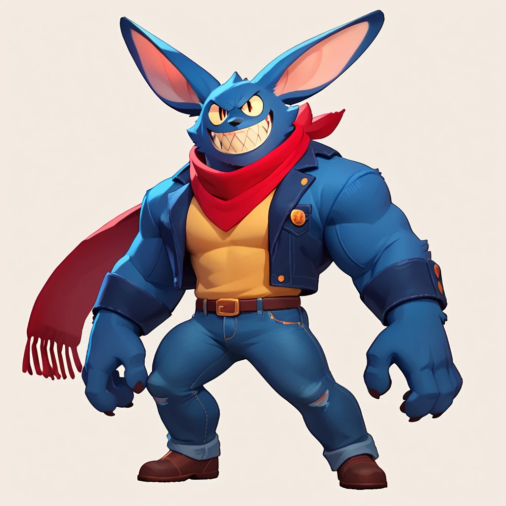 full body view of a muscular, colossal monster, dark blue fur, long ears, sharp teeth, smiling, dressed in jeans and a red scarf