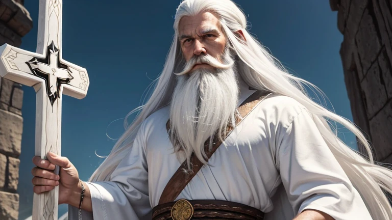 Wizard long white hair and long white beard. Dressed in a vimho tunic. serious face. With a cross in his hand.