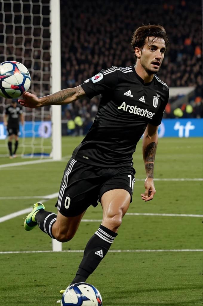 An Argentine soccer player in a black uniform, with gray eyes and stick scoring a goal
