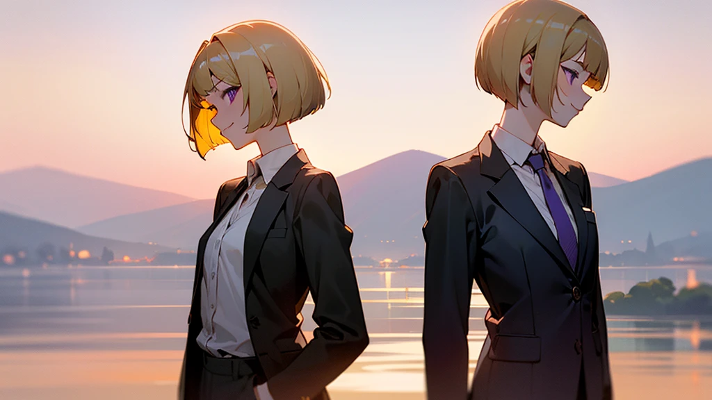 1 Girl、anime painting、Upper body close-up、profile、Small breasts、White skin、(blonde)、Bobcut、Beautiful purple eyes、White shirt、Black work trousers、Black Fitted Blazer、Slender body、Rule of Thirds、Cheeky Smile、Squint your eyes、Golden Hour Sky、Soft lighting.