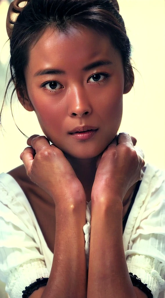 (Ultra-realistic), (figure), (High resolution), (8K), (Very detailed), (Best figure), (Beautiful attention to detail), (Highest quality), (Super detailed), (masterpiece), (wallpaper), (Detailed face), garden, Upper body close-up, Underarm, thick, short hair,Inner Color,alone,Girl in simple white tank top, Sweaty, Japanese, big , (Camel Toe)
