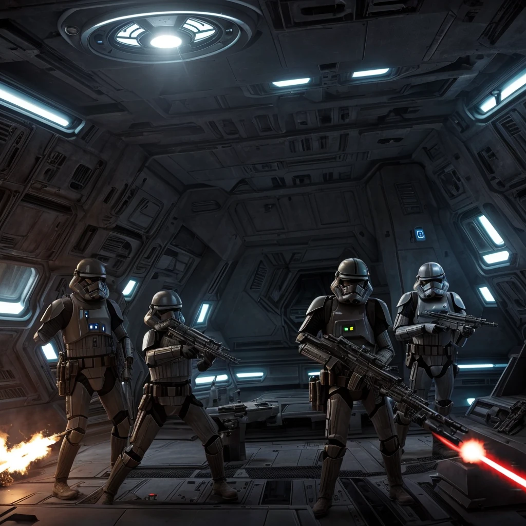 Human soldiers in a spaceship like in Star Wars are shoting at aliens, and humans only have helments and weapons with bullets, and the alarm is going off