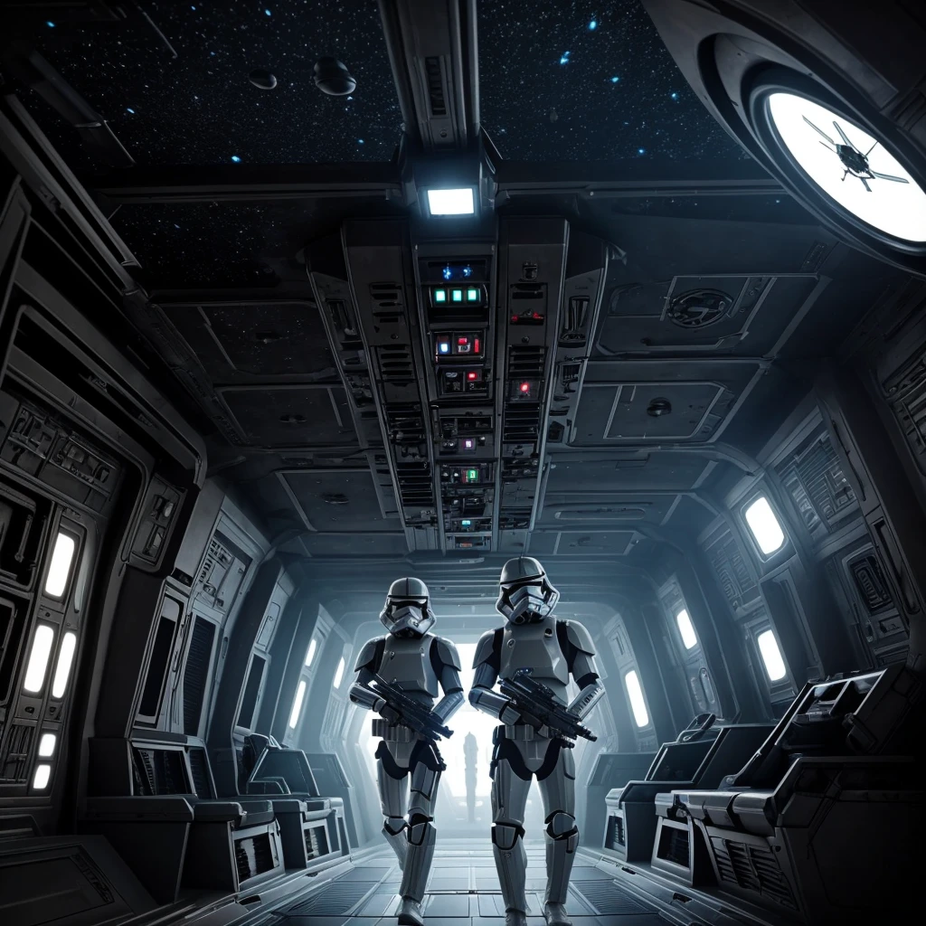 Human soldiers in a spaceship like in Star Wars are shoting at aliens, and humans only have helments and weapons with bullets, and the alarm is going off