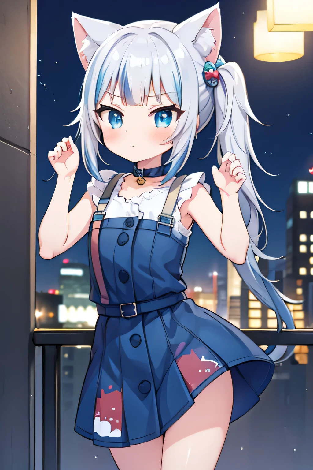 gura_neko, blue dress, cat ears, side ponytail, shy pose, flat chest, night time, pedestrian, night city