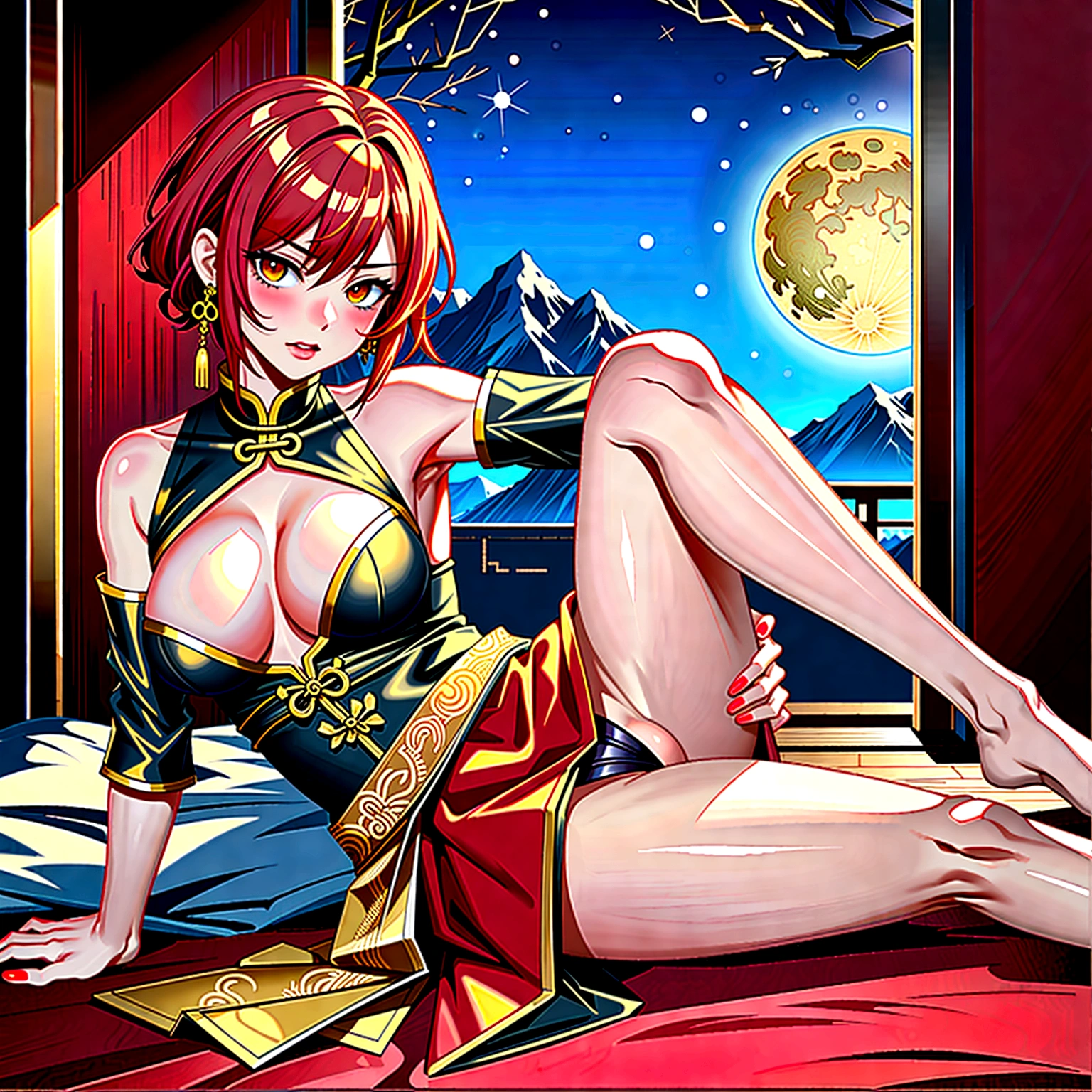 A female warrior, short red hair, yellow eyes, red nails, beautiful young face, strong physical characteristics, with medium breasts, legs open showing realistic pussy, corpo sexy, an angry face, provocative look. Wearing traditional Chinese imperial clothing decorated in gold with black details, with red Hanafuda earrings, with a golden skirt to the feet, a black sandal. Lying on a white bed in an antique Chinese room, with a full moon and stars in the window in the background.