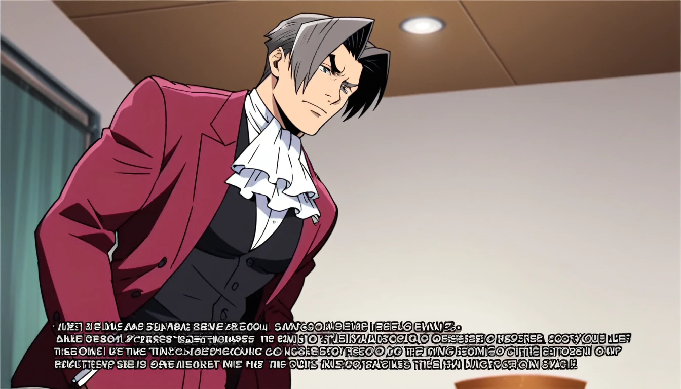 anime, animation cel:1.2, miles edgeworth, anime screencap, solo, male focus, gray hair, arrogant face, muscular,  large pectorals, raised eyebrow, red jacket, red pants, white shirt, white ascot, open jacket, black vest, gray eyes, ace investigations, early thirties, background:a dining room, high resolution