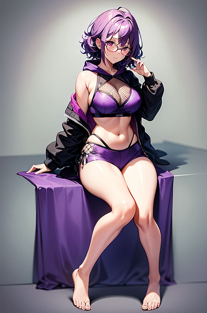 one girl, short curly light purple hair with dark purple strand, glasses, two-piece lace exotic style swimming outfit, simple detaled, lovable, no background, dynamic side sitingpose,, full body ,detaled feet,fishnet hoodie