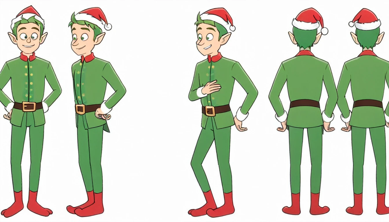 1 male Christmas elf, multiple views,reference sheet,A pose, Full body, model sheet,neutral expression,Looking in Front,{Front facing view,Back view,Side view,Top view},beautiful, masterpiece, best quality, perfect lighting,8k,simple white background ,SFW.