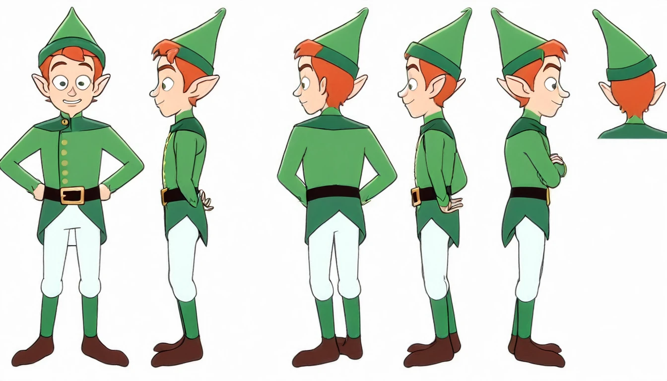 1 male Christmas elf, multiple views,reference sheet,A pose, Full body, model sheet,neutral expression,Looking in Front,{Front facing view,Back view,Side view,Top view},beautiful, masterpiece, best quality, perfect lighting,8k,simple white background ,SFW.