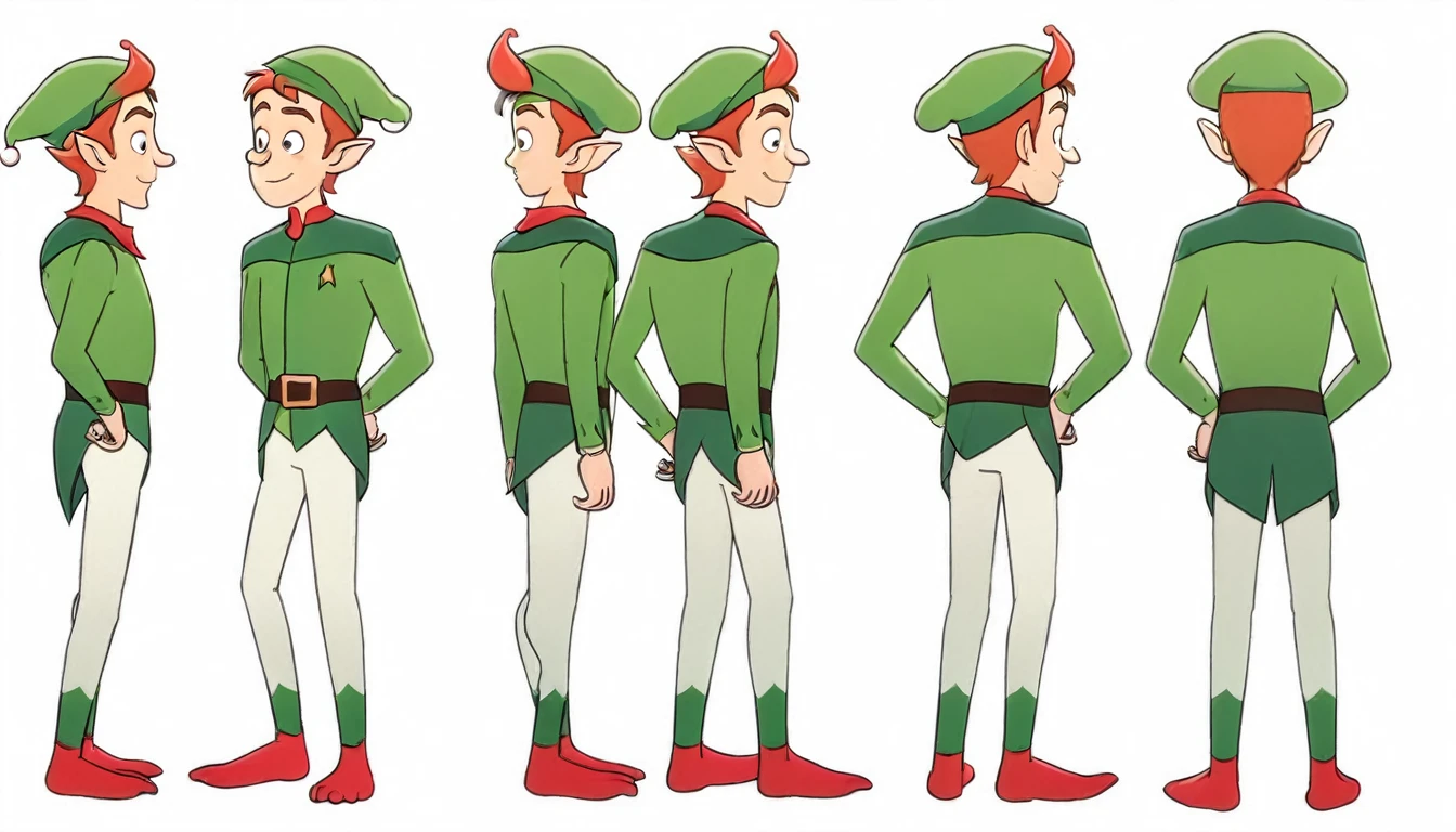 1 male Christmas elf, multiple views,reference sheet,A pose, Full body, model sheet,neutral expression,Looking in Front,{Front facing view,Back view,Side view,Top view},beautiful, masterpiece, best quality, perfect lighting,8k,simple white background ,SFW.