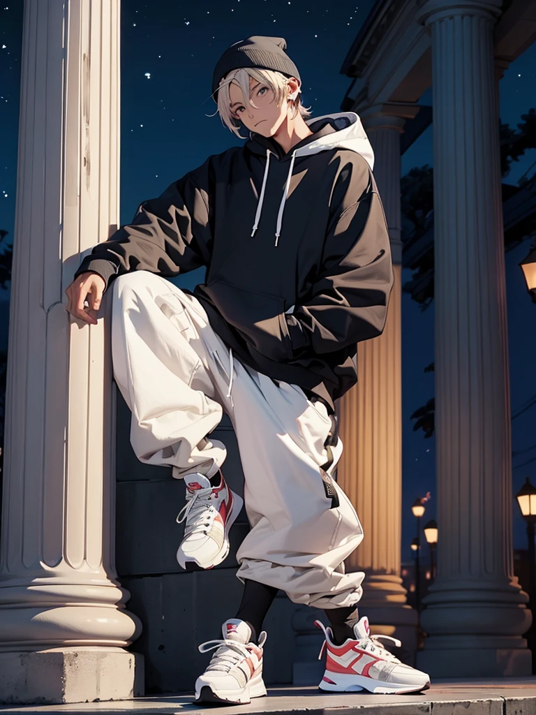 A male, leaning on a pillar, Head tilted down, with hoodie on head, full body picture, Night