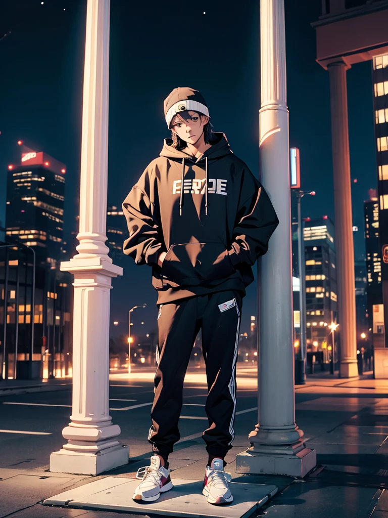 A male, leaning on a pillar, Head tilted down, with hoodie on head, full body picture, Night