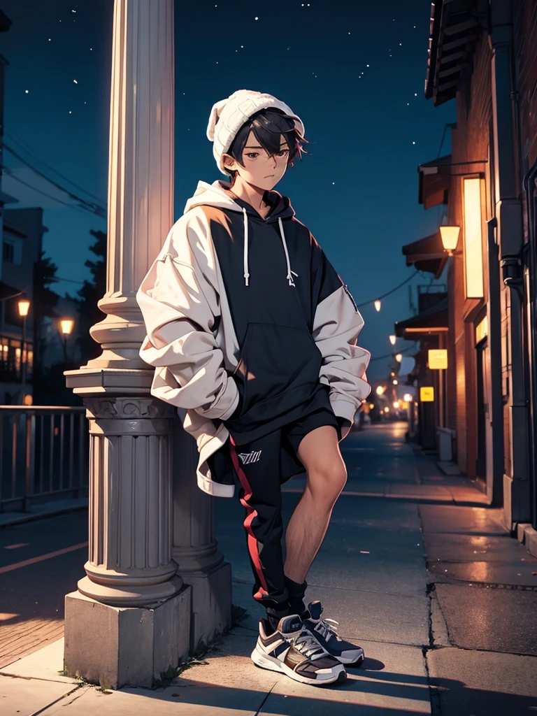 A male, leaning on a pillar, Head tilted down, with hoodie on head, full body picture, Night