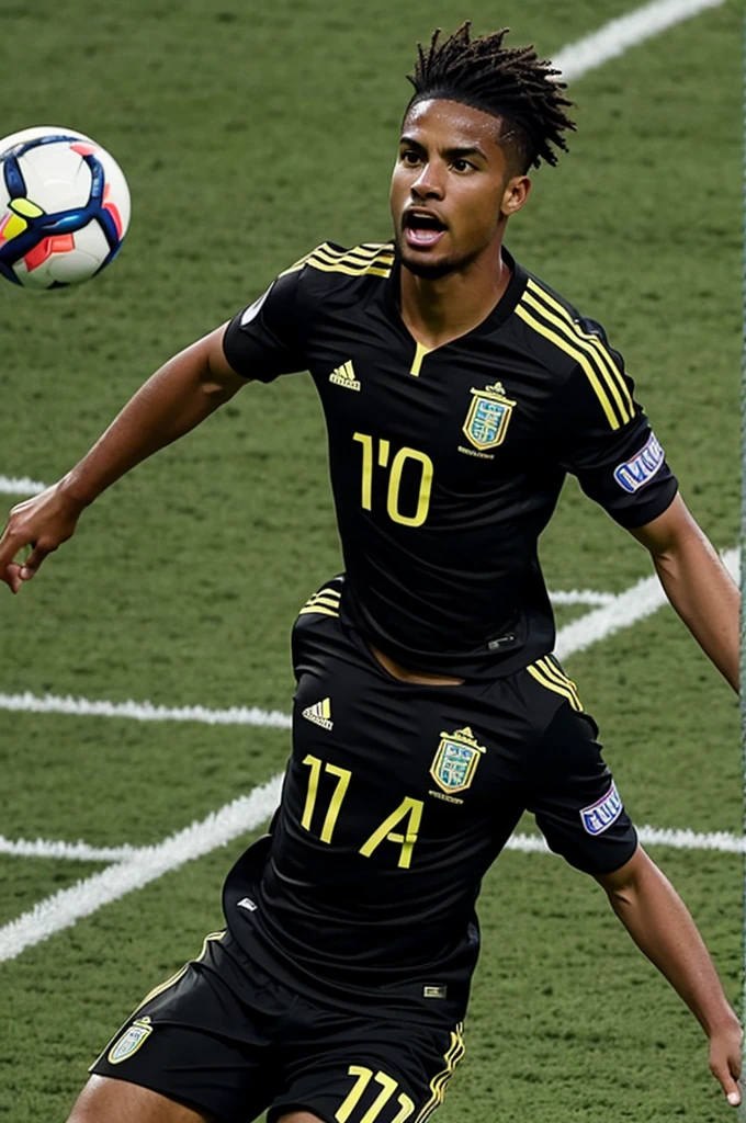 A soccer player in a black Latin American soccer uniform, with gray eyes and hair scoring a goal.