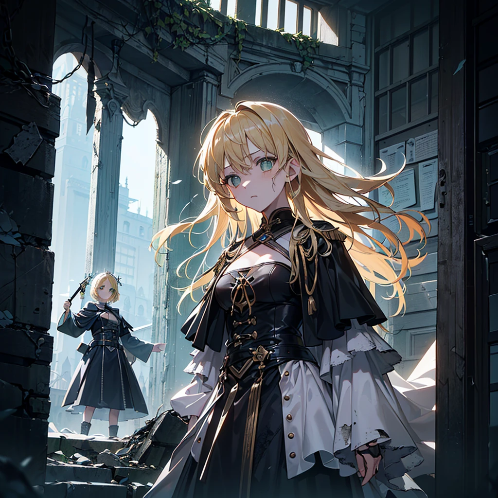 ((((Dramatic)))、(((grittiness)))、(((vehement))),Dressed in costume、He had a determined expression on his face.。Bright green eyes，Blonde hair,holy costume,((1 girl)),holy,