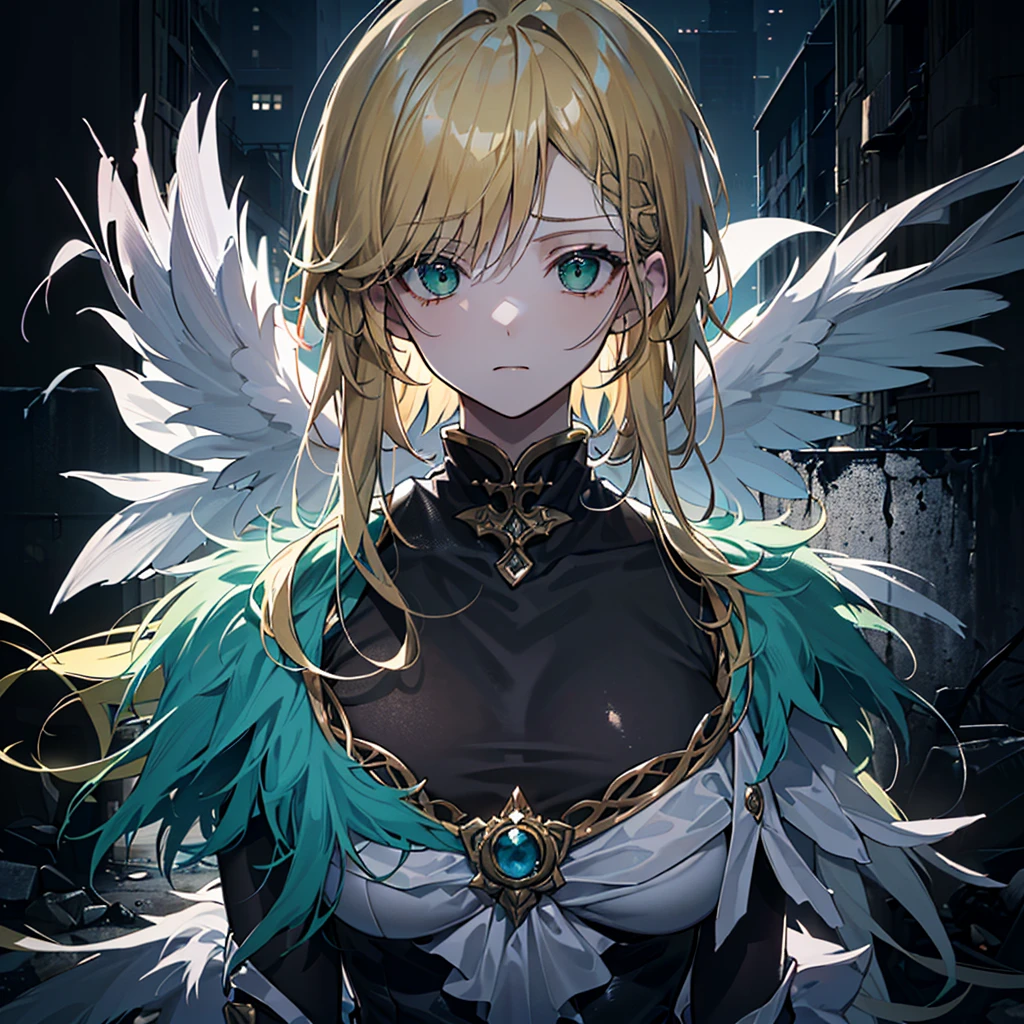 ((((Dramatic)))、(((grittiness)))、(((vehement))),Dressed in costume、He had a determined expression on his face.。Bright green eyes,Blonde hair,holy costume,((1 girl)),holy,