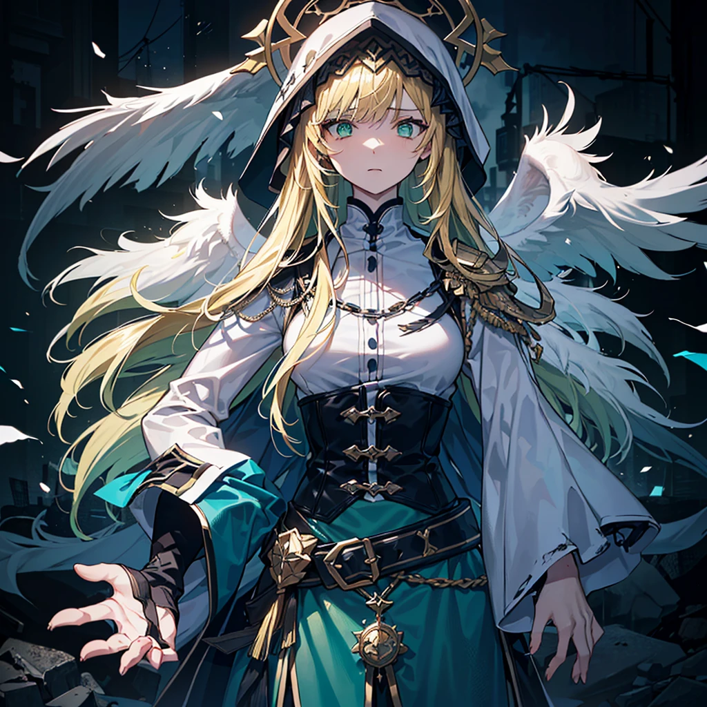 ((((Dramatic)))、(((grittiness)))、(((vehement))),Dressed in costume、He had a determined expression on his face.。Bright green eyes,Blonde hair,holy costume,((1 girl)),holy,