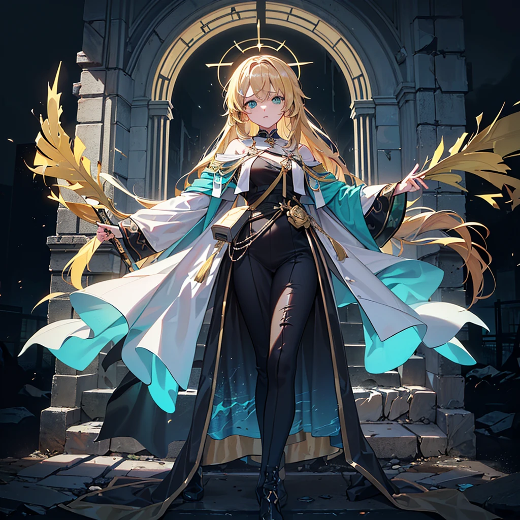 ((((Dramatic)))、(((grittiness)))、(((vehement))),Dressed in costume、He had a determined expression on his face.。Bright green eyes,Blonde hair,holy costume,((1 girl)),holy,