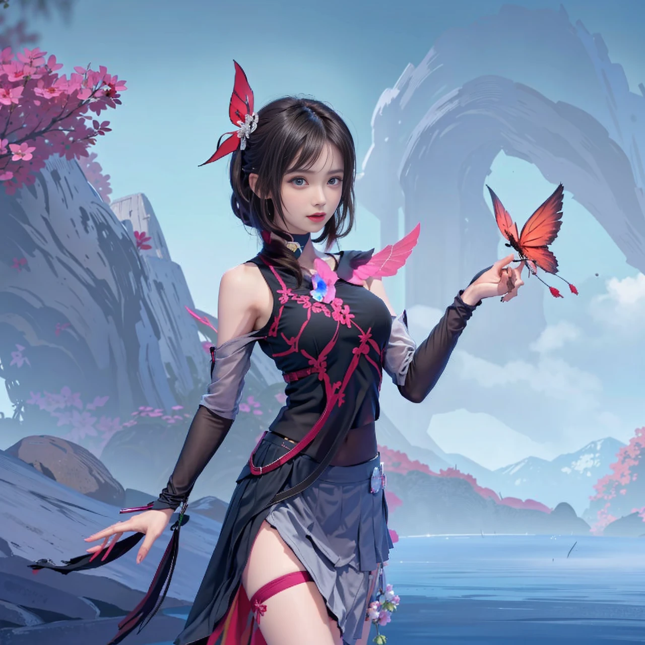 Best Quality, 超A high resolution, masutepiece, (Photorealistic:1.4), Solo Focus, (Slender body huge breasts young woman:1.photography, (Medium Wide Shot Cropped Leg:1.3), Three Quarter View Pose, (Cinematic lighting:1.2), Vibrant, Vivid Color, Detailed face, Detailed eyes, Random hairstyle, (off shoulder shirt, Mini skirt:1.2), (random place, Random seasons, Random weather:1.1)
