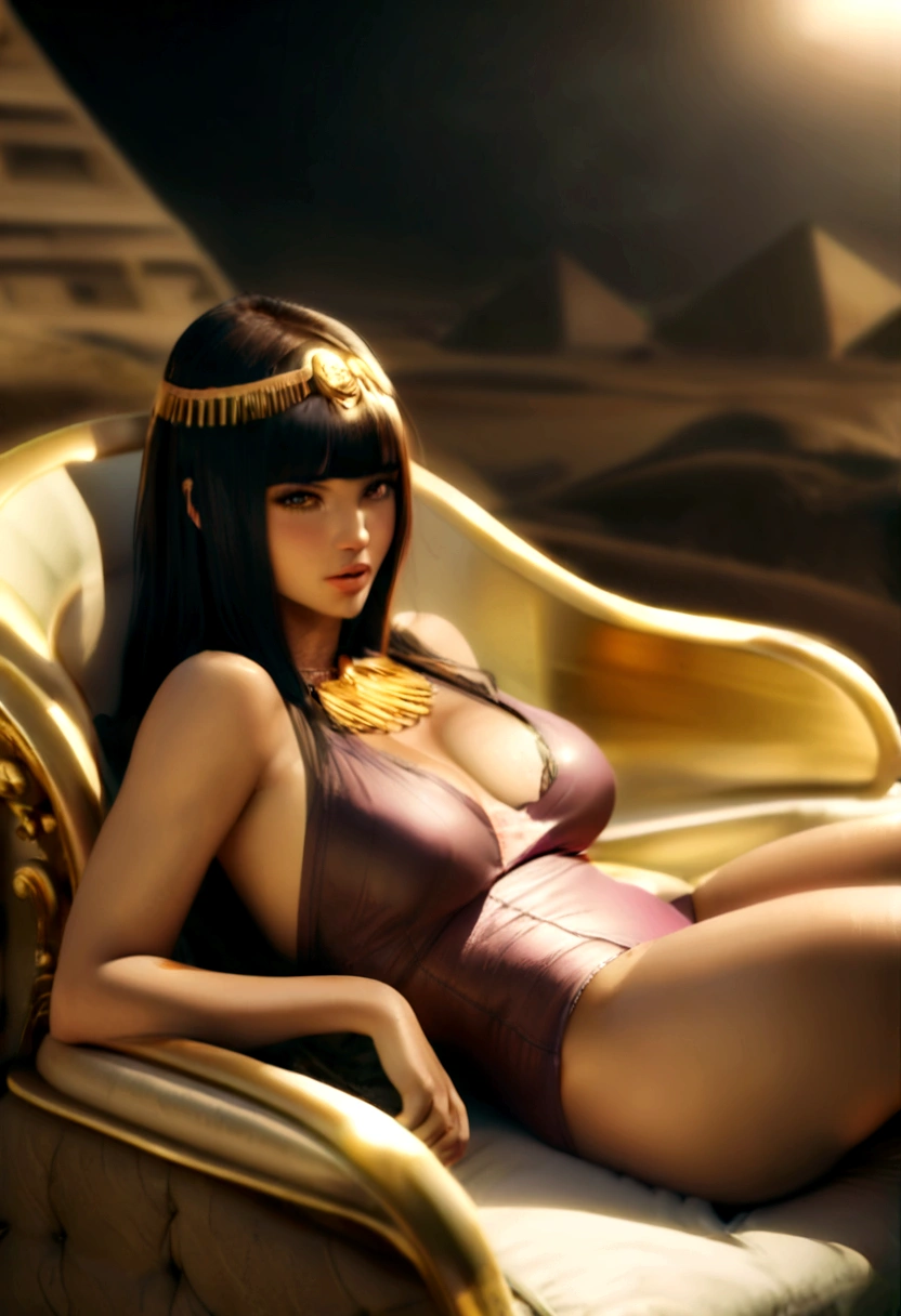 Queen Cleopatra, beautiful detailed woman with perfect curves, big round ass, great bosom, wearing a tight sexy outfit, sitting on a golden throne, pyramids and julius Cäsar in the background, oasis in the desert, dramatic lighting, intricate details, photorealistic, 8k, HDR, highly detailed, vibrant colors, cinematic composition, chiaroscuro lighting, dramatic shadows, warm color tones, professional digital art