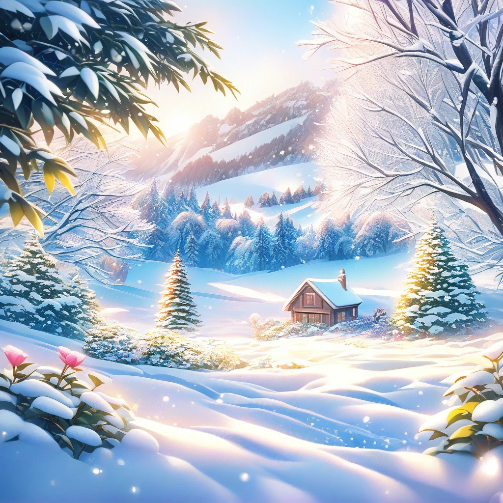Snow Scene,snow,plant(((Romantic atmosphere)))(((fairy tale elements)))(((masterpiece))), ((best quality))