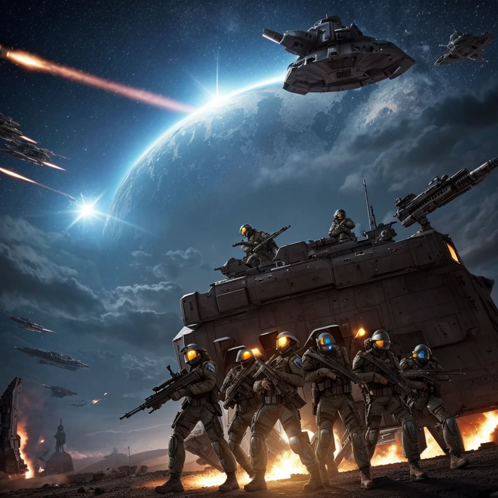 Human soldiers in a spaceship and they are shoting at aliens, and humans only have helments and weapons with bullets, and the alarm is going off