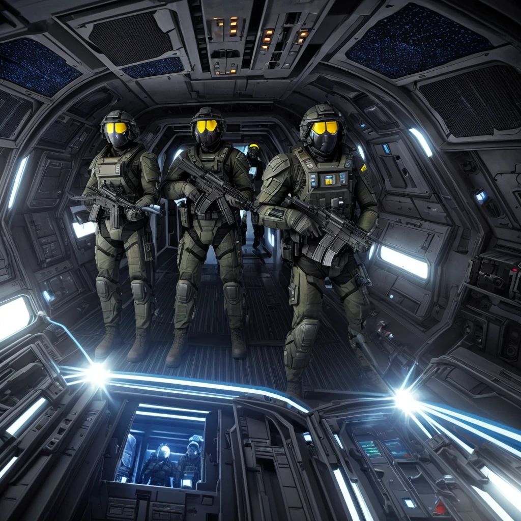 Human soldiers in a spaceship and they are shoting at aliens, and humans only have helments and weapons with bullets, and the alarm is going off