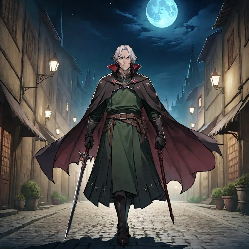 A mature and stable middle-aged man，His profession is a demon hunter.，Wearing a cape，Holding a sword，There are some scars on the face，Walking in the streets of medieval Europe，Night view。Mid-ground composition，Full body pictures，Colored screen，Anime illustration style，HD，4K。