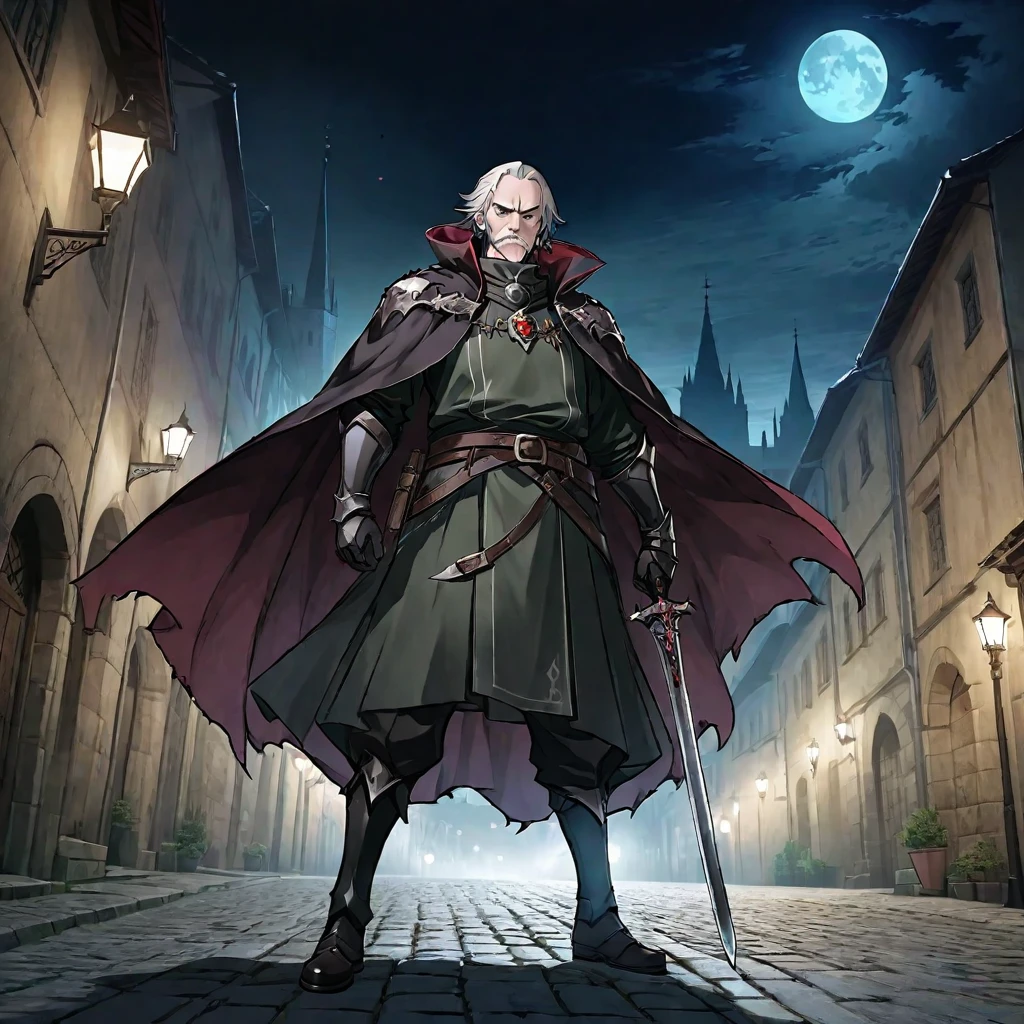 A mature and stable middle-aged man,His profession is a demon hunter.,Wearing a cape,Holding a sword,There are some scars on the face,Walking in the streets of medieval Europe,Night view。Mid-ground composition,Full body pictures,Colored screen,Anime illustration style,HD,4K。