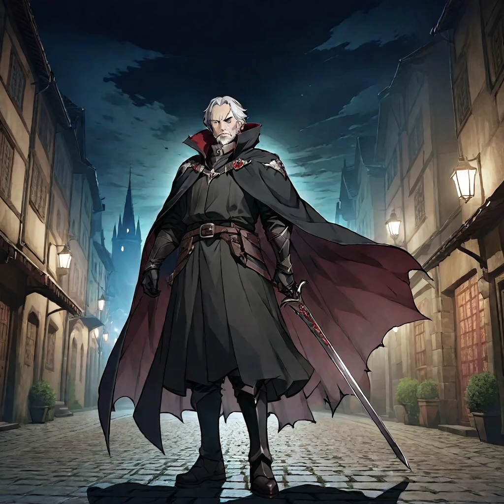 A mature and stable middle-aged man,His profession is a demon hunter.,Wearing a cape,Holding a sword,There are some scars on the face,Walking in the streets of medieval Europe,Night view。Mid-ground composition,Full body pictures,Colored screen,Anime illustration style,HD,4K。