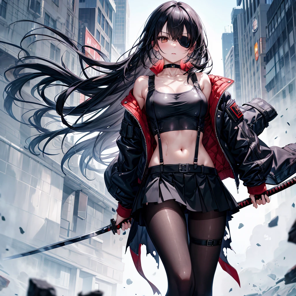 ((Highest quality)), ((masterpiece)), (detailed), ((Highest quality)), ((masterpiece)), (detailed), 1girl, 独奏, 1 katana, black hair, eyepatch, crop top, leather jacket, Torn miniskirt, suspender skirt, torn pantyhose, panties, panties under pantyhose, choker, bracelet, battoujutsu stance,weapon, rain, (wet), see through, expressionless, ass pov