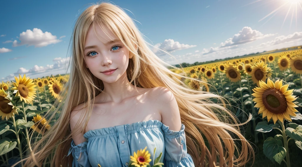 blue eyed girl, normal eyes and long blonde anime hair with yellow dress standing in a field of flowers, cute sunflower anime girl, girl with light power magic girl floating, girl smiling, anime eyes looking at the viewer