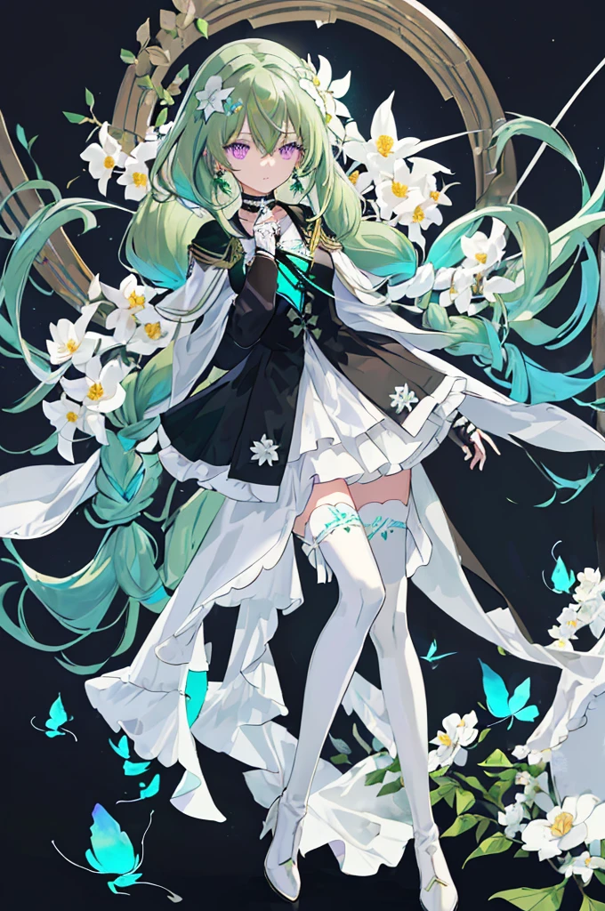 (Masterpiece, Best Quality: 1.4), white Background, Long Hair, Jewelry, Earrings, Necklace, Bride, ((green Hair)), Halo, (Overlook), Dynamic Angle, Ultra Detailed, Illustration, Close Up, Direct Look, 1girl, (Fantasy: 1.4), (Purple Eyes: 1.233), Her Eyes Shine Like Dreamy Stars, (Glow Eyes: 1.233), (Beautiful and Delicate Eyes: 1.1), (green Hair: 1.4), (Messy Hair, Very Long Hair, French braids, hair between the eyes, side hair), (+(white hair flower: 1.14)), (chiffon dress, uniform white flower pattern)/= (military uniform: 1.24), (fingerless gloves), choker, (black thighhighs), high heeled boots, (expressionless, shut up), (standing), (white flowers, blooming),(Ruins),(Night:1.2),dreamy,Soul,(fluorescent),(Flying Translucent Blue Butterfly:1.15),[Delicate Fingers and Hands:0.55]::0.85], (Finger Detail), (Yubao:0.5),((black background)),((full body)),((turquoise hair)),green hair,((green hair)),night,