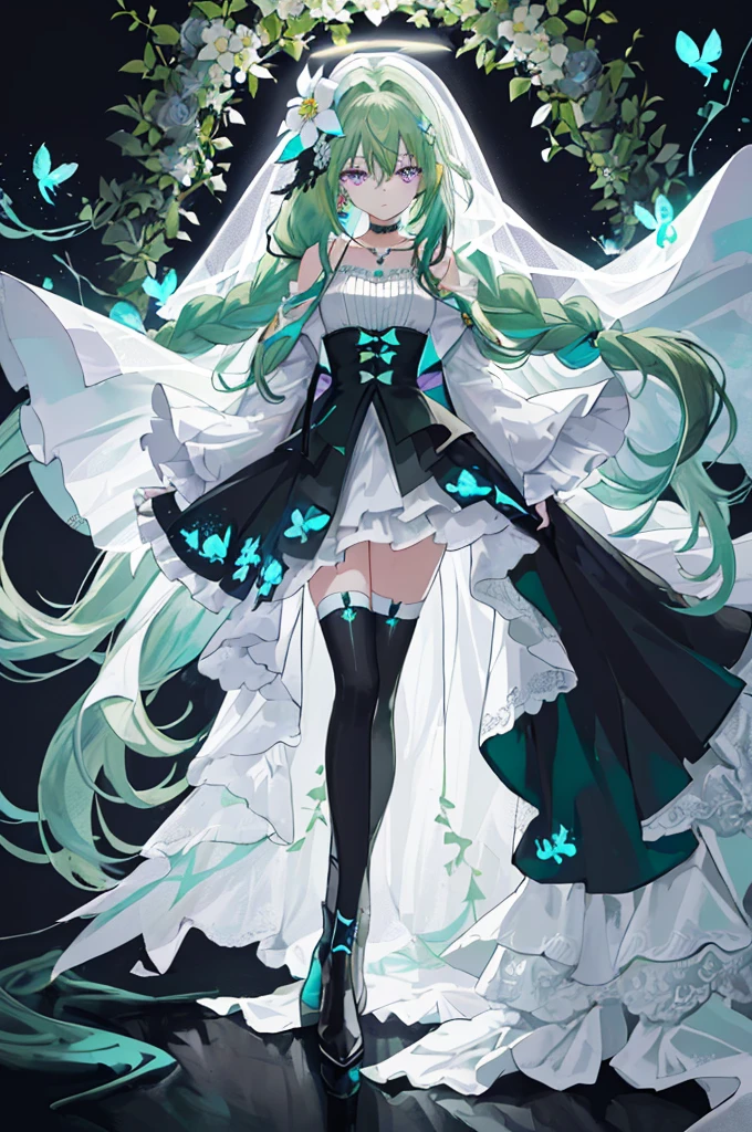 (Masterpiece, Best Quality: 1.4), white Background, Long Hair, Jewelry, Earrings, Necklace, Bride, ((green Hair)), Halo, (Overlook), Dynamic Angle, Ultra Detailed, Illustration, Close Up, Direct Look, 1girl, (Fantasy: 1.4), (Purple Eyes: 1.233), Her Eyes Shine Like Dreamy Stars, (Glow Eyes: 1.233), (Beautiful and Delicate Eyes: 1.1), (green Hair: 1.4), (Messy Hair, Very Long Hair, French braids, hair between the eyes, side hair), (+(white hair flower: 1.14)), (chiffon dress, uniform white flower pattern)/= (military uniform: 1.24), (fingerless gloves), choker, (black thighhighs), high heeled boots, (expressionless, shut up), (standing), (white flowers, blooming),(Ruins),(Night:1.2),dreamy,Soul,(fluorescent),(Flying Translucent Blue Butterfly:1.15),[Delicate Fingers and Hands:0.55]::0.85], (Finger Detail), (Yubao:0.5),((black background)),((full body)),((turquoise hair)),green hair,((green hair)),night,