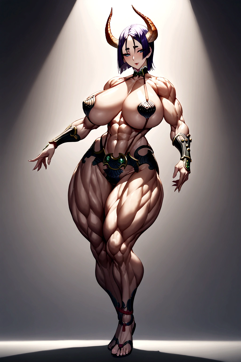 Raikou, shuten horns, extreme muscular body, big breasts, full body.
