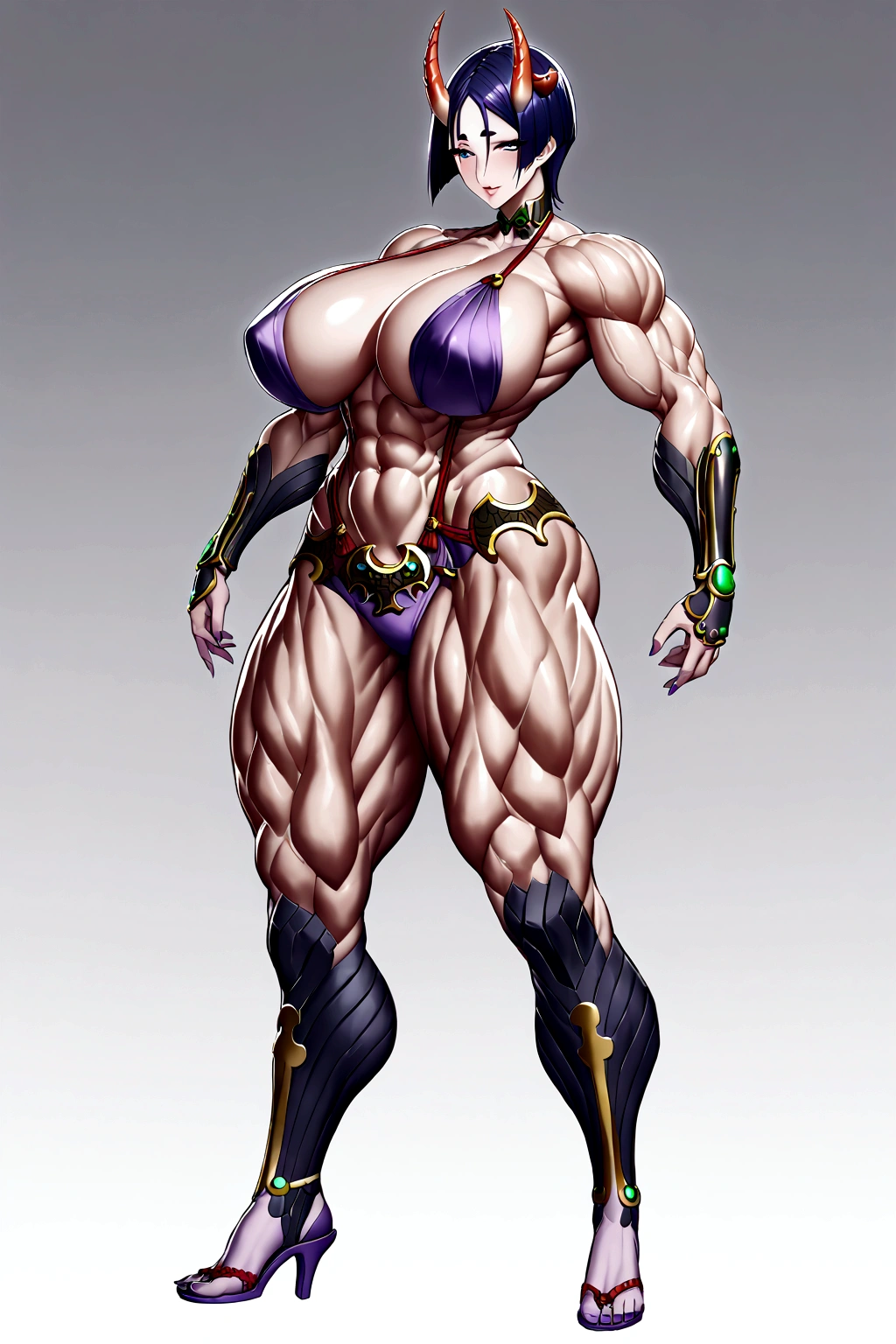 Raikou, shuten horns, extreme muscular body, big breasts, full body.