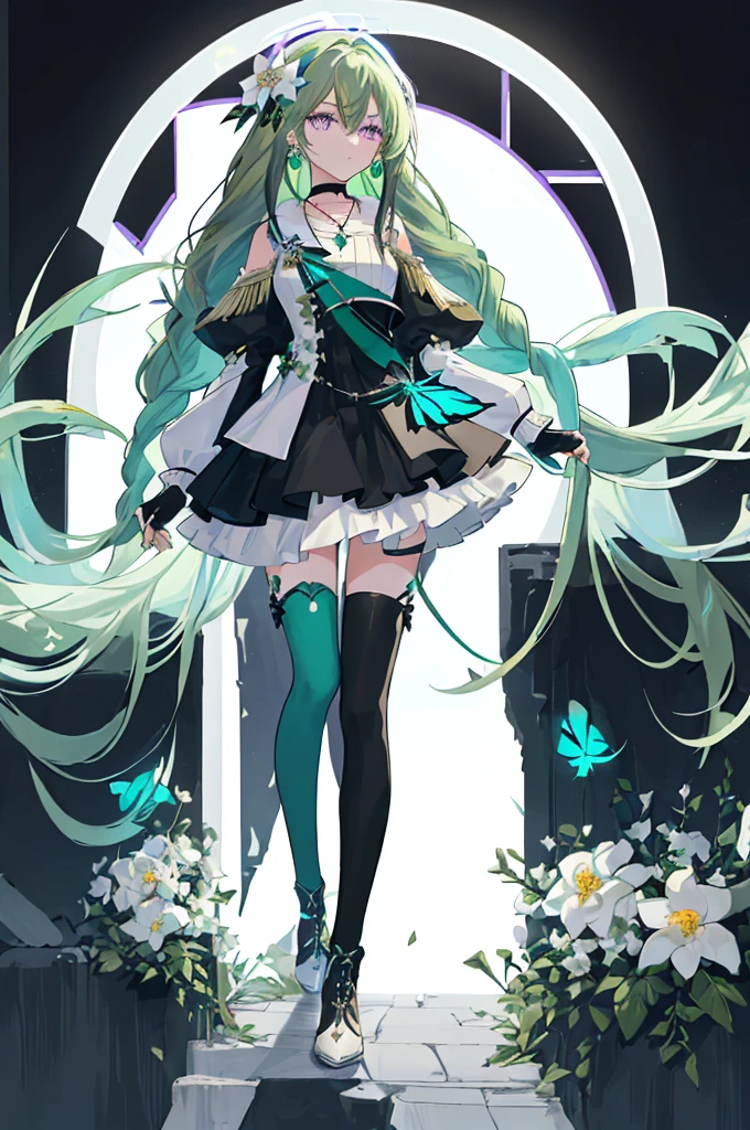 (Masterpiece, Best Quality: 1.4), white Background, Long Hair, Jewelry, Earrings, Necklace, Bride, ((green Hair)), Halo, (Overlook), Dynamic Angle, Ultra Detailed, Illustration, Close Up, Direct Look, 1girl, (Fantasy: 1.4), (Purple Eyes: 1.233), Her Eyes Shine Like Dreamy Stars, (Glow Eyes: 1.233), (Beautiful and Delicate Eyes: 1.1), (green Hair: 1.4), (Messy Hair, Very Long Hair, French braids, hair between the eyes, side hair), (+(white hair flower: 1.14)), (chiffon dress, uniform white flower pattern)/= (military uniform: 1.24), (fingerless gloves), choker, (black thighhighs), high heeled boots, (expressionless, shut up), (standing), (white flowers, blooming),(Ruins),(Night:1.2),dreamy,Soul,(fluorescent),(Flying Translucent Blue Butterfly:1.15),[Delicate Fingers and Hands:0.55]::0.85], (Finger Detail), (Yubao:0.5),((black background)),((full body)),((turquoise hair)),green hair,((green hair)),night,