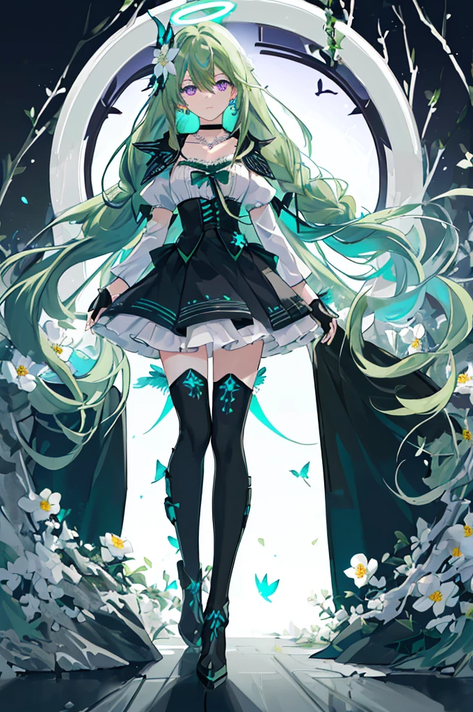 (Masterpiece, Best Quality: 1.4), white Background, Long Hair, Jewelry, Earrings, Necklace, Bride, ((green Hair)), Halo, (Overlook), Dynamic Angle, Ultra Detailed, Illustration, Close Up, Direct Look, 1girl, (Fantasy: 1.4), (Purple Eyes: 1.233), Her Eyes Shine Like Dreamy Stars, (Glow Eyes: 1.233), (Beautiful and Delicate Eyes: 1.1), (green Hair: 1.4), (Messy Hair, Very Long Hair, French braids, hair between the eyes, side hair), (+(white hair flower: 1.14)), (chiffon dress, uniform white flower pattern)/= (military uniform: 1.24), (fingerless gloves), choker, (black thighhighs), high heeled boots, (expressionless, shut up), (standing), (white flowers, blooming),(Ruins),(Night:1.2),dreamy,Soul,(fluorescent),(Flying Translucent Blue Butterfly:1.15),[Delicate Fingers and Hands:0.55]::0.85], (Finger Detail), (Yubao:0.5),((black background)),((full body)),((turquoise hair)),green hair,((green hair)),night,