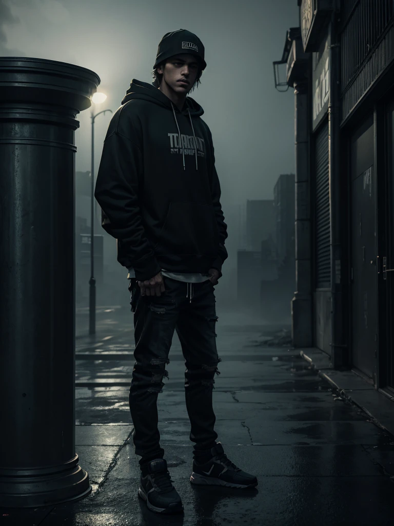 a man leaning on a pillar, head tilted down, wearing a hoodie, full body shot, night, moody atmosphere, cinematic lighting, dramatic shadows, high contrast, muted colors, gritty urban setting, grunge style, realistic details, hyper-realistic, masterpiece, high resolution, 8k