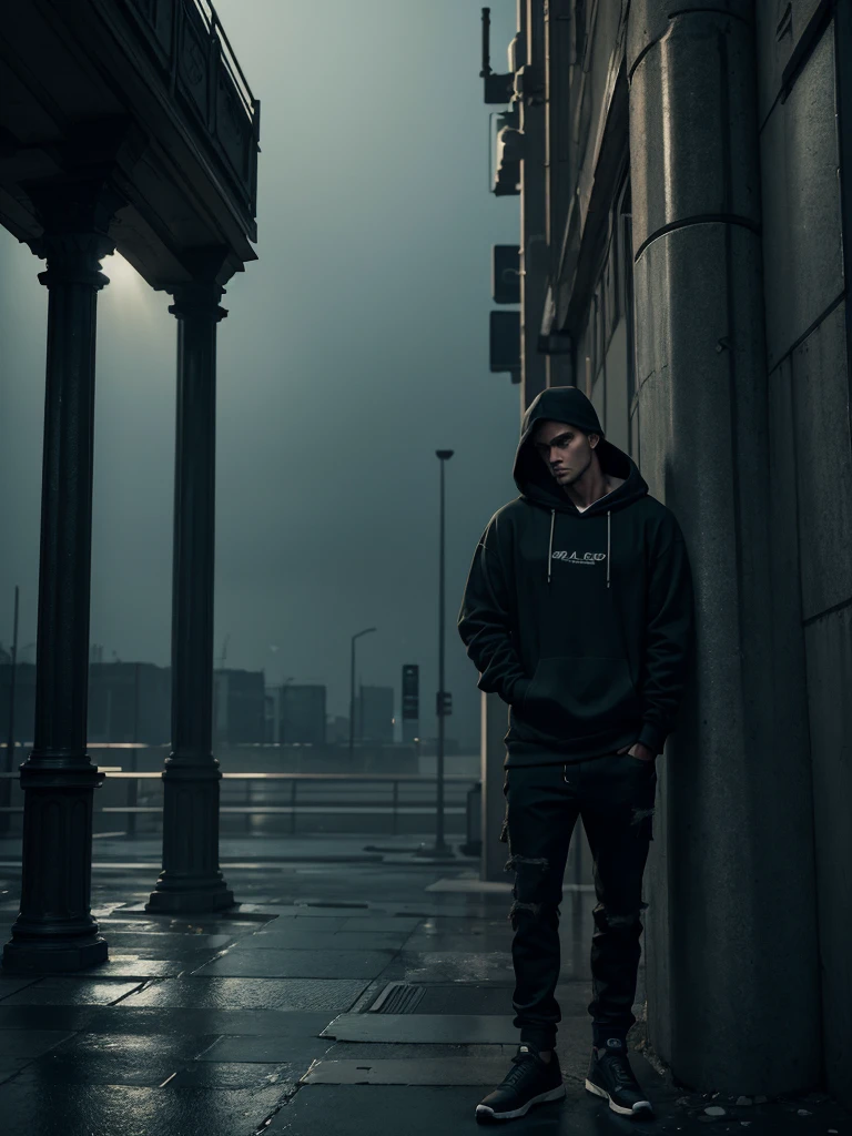 a man leaning on a pillar, head tilted down, wearing a hoodie, full body shot, night, moody atmosphere, cinematic lighting, dramatic shadows, high contrast, muted colors, gritty urban setting, grunge style, realistic details, hyper-realistic, masterpiece, high resolution, 8k