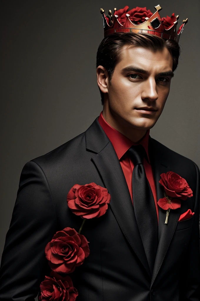 Eli124300 Black jacket, Red tie, crown flower, masculine