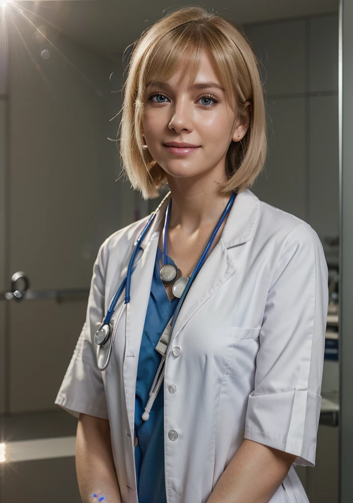 /Medical center, nurse, wearing white uniform, blonde hair, short bangs, light eyes, a woman, doctor, stethoscope on neck, Smile, innocent, 100 mm lens, (photorealistic), look at the viewer, as doctor, ( Intricate Details: 1.2), (Artwork, :1.3), (Best Quality: 1.4), (Ultra High Resolution: 1.2), Ultra High Resolution, (Detailed Eyes), (Detailed Facial Features), HDR, 8K Resolution, (stethoscope), distant vision, reflections on the floor, (lens flare: 1.4)