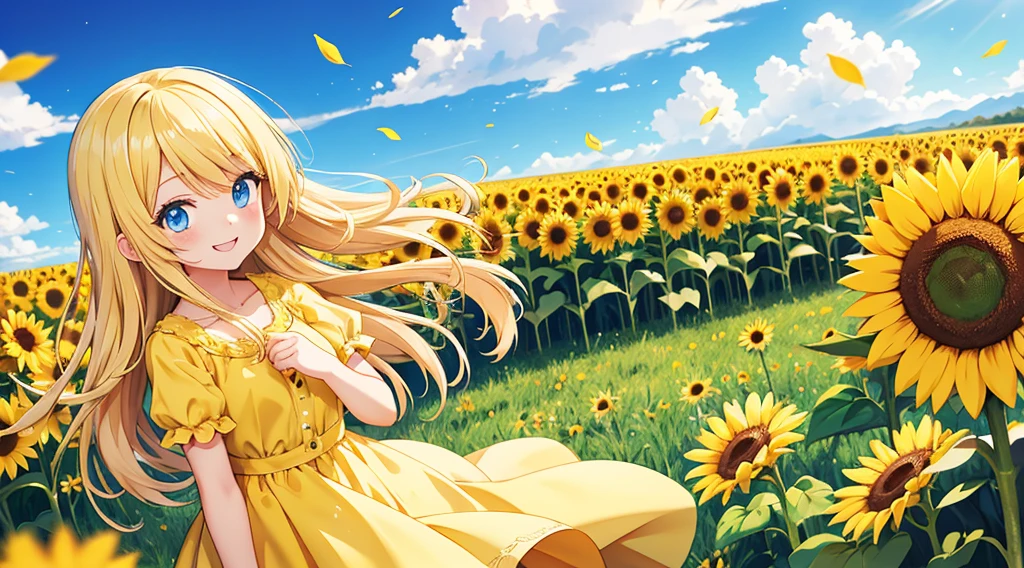 blue eyed girl, normal eyes and long blonde anime hair with yellow dress standing in a field of flowers, cute sunflower anime girl, girl with light power magic girl floating, girl smiling, anime eyes looking at the viewer