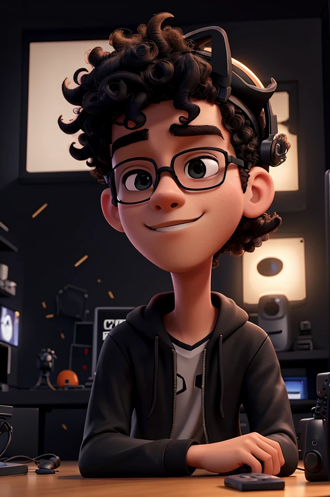 Creates an 18-year-old young man with gaming headphones in an all-black room with gaming LEDs and him playing on the PC recording a video on YouTube with a mask on his mouth and sunglasses with curly hair 


