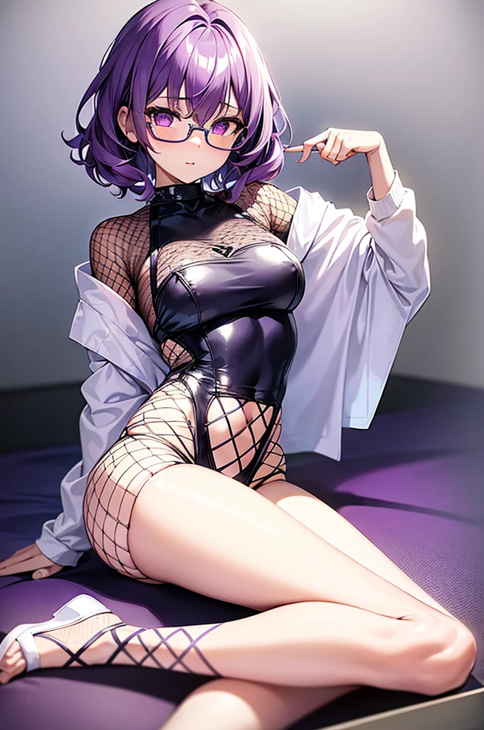one girl, short curly light purple hair with dark purple strand, glasses, two-piece white and yellow lace exotic style swimming outfit, simple detaled, lovable, no background, dynamic side sitingpose,, full body ,detaled feet,fishnet hoodie
