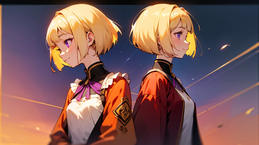 1 Girl、anime painting、Upper body close-up、profile、Rule of Thirds、thin、Small breasts、smile、White skin、(blonde)、Bobcut、Beautiful purple eyes、Red jacket、(Long sleeve blouse)、Frilled blouse、Golden Hour Sky、Background blur、Written boundary depth