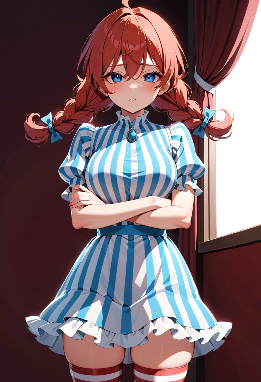 solo, 1girl, ffwendys, shaded face, disgusted, looking at viewer, crossed arms, twin braids, striped dress, striped sleeves, puffy sleeves, striped thighhighs, masterpiece, best quality, rating: general, newest 