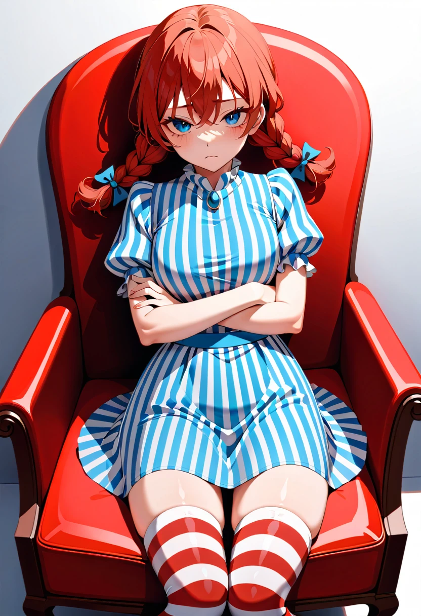 solo, 1girl, ffwendys, shaded face, disgusted, looking at viewer, crossed arms, twin braids, striped dress, striped sleeves, puffy sleeves, striped thighhighs, masterpiece, best quality, rating: general, newest 